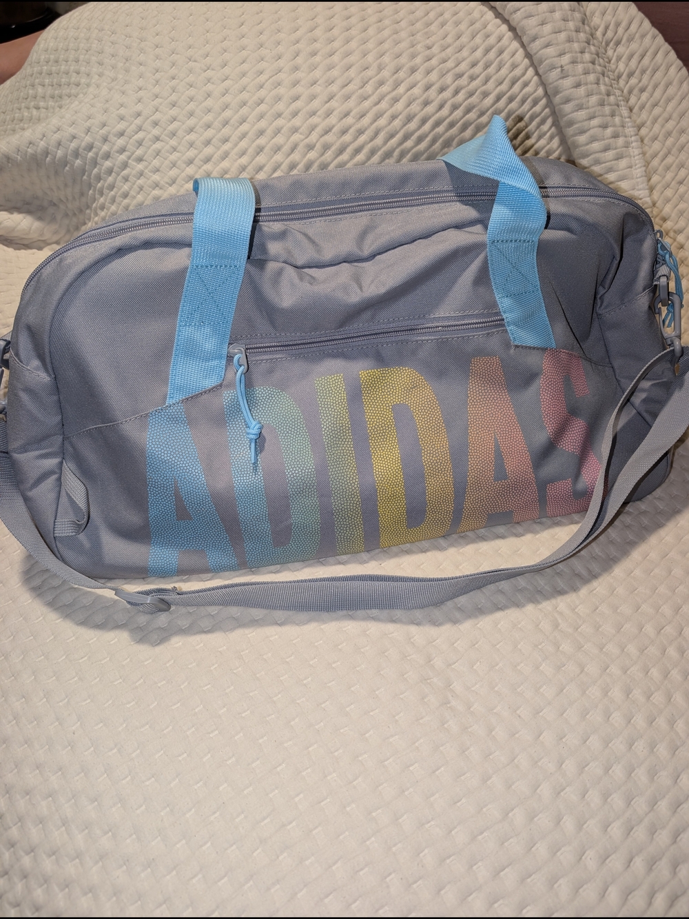 adidas Light Blue Duffel Bag with Multicolor Logo